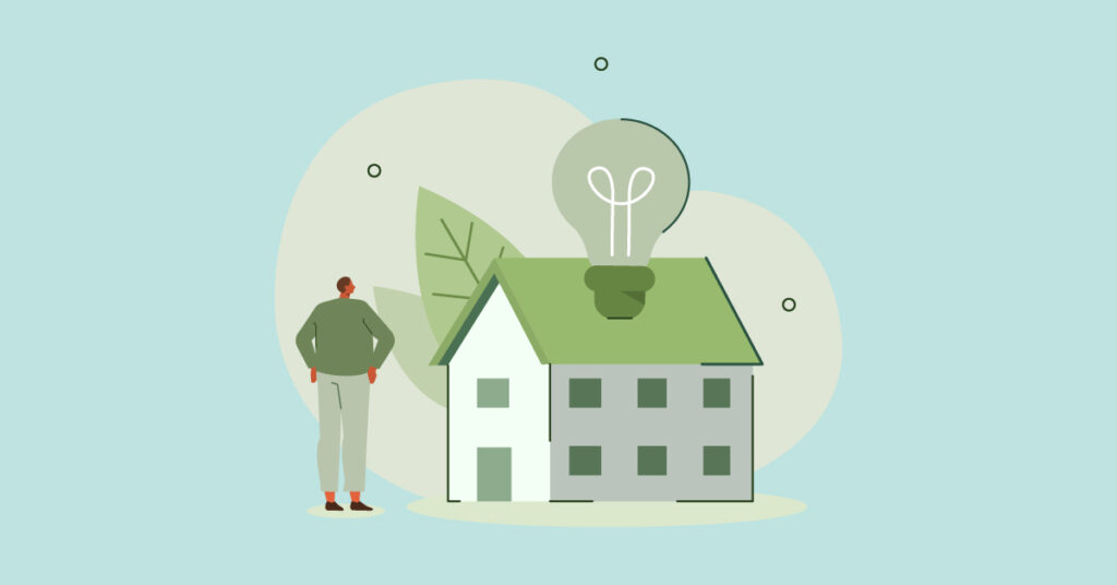 Infographic of man looking at house with a lightbulb on it