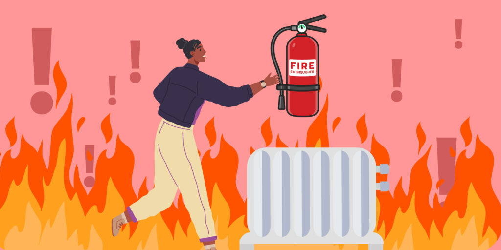 Infographic of a woman putting out a fire from a space heater