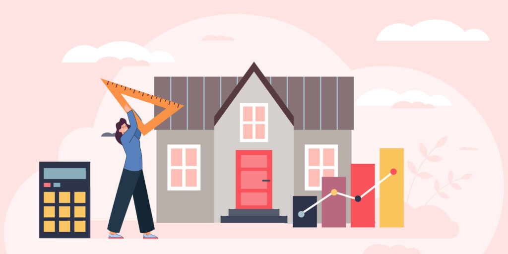 Infographic with person holding a ruler to calculate roofing square footage