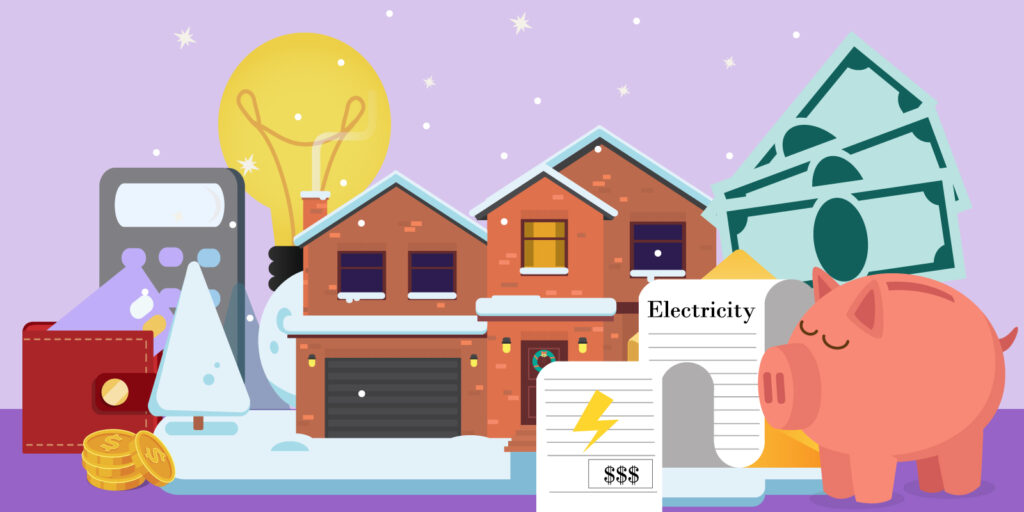 Infographic of home, electric bill and piggy bank in the winter