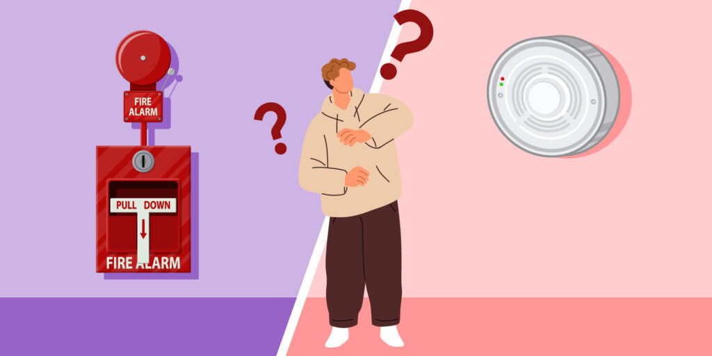 man confused about fire alarm vs smoke detector infographic