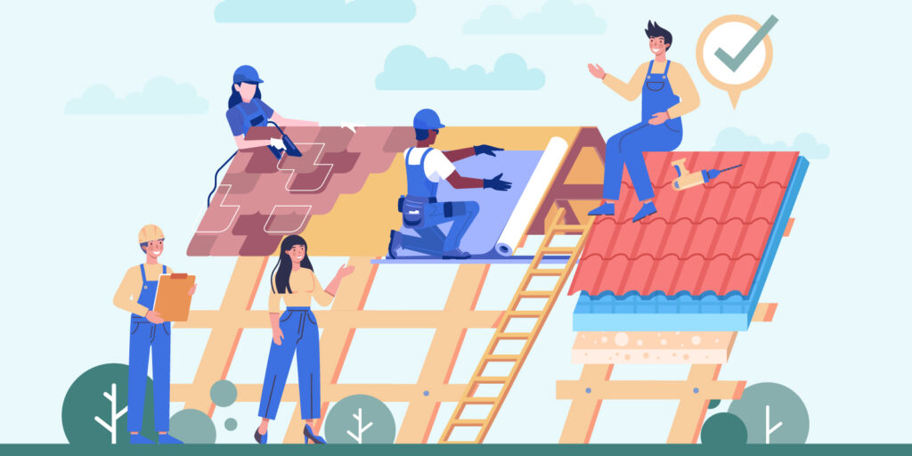 Infographic of workers putting on roof insulation