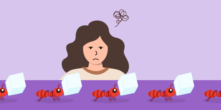 Infographic of a woman looking at sugar ants on her counter