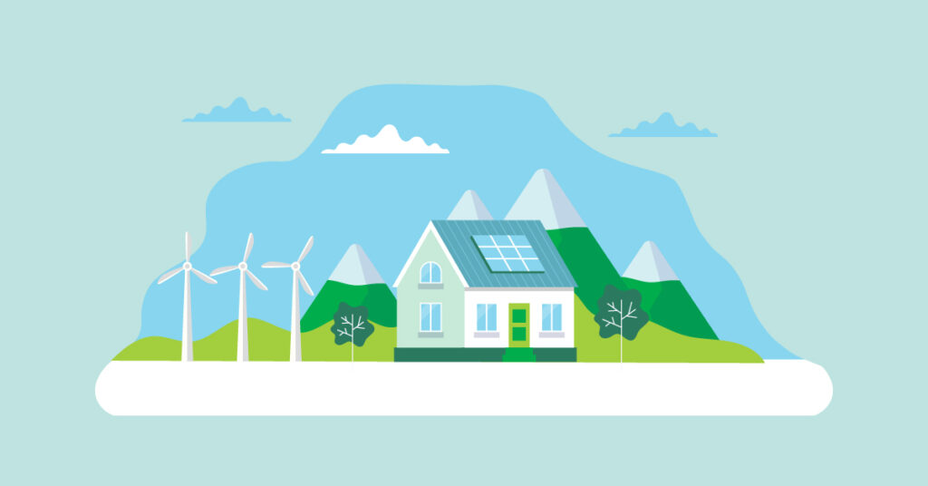 Infographic of house that made the switch to solar power with windmills and solar panels