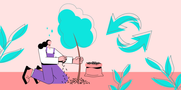 Infographic of a person planting a tree with mulch