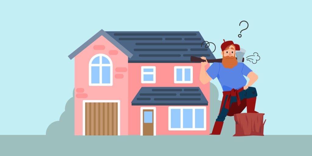 Infographic of a man in front of his house cutting down a tree