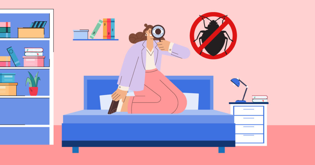 Woman with a magnifying glass looking for bed bugs 