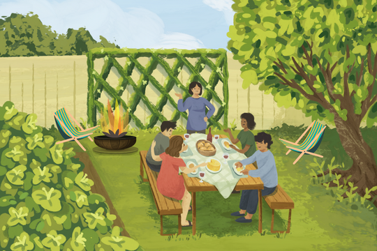 Family having a picnic with an outdoor fireplace 
