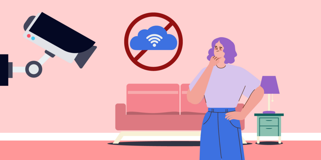 Infographic of a woman looking at a home security camera in her living room without the cloud