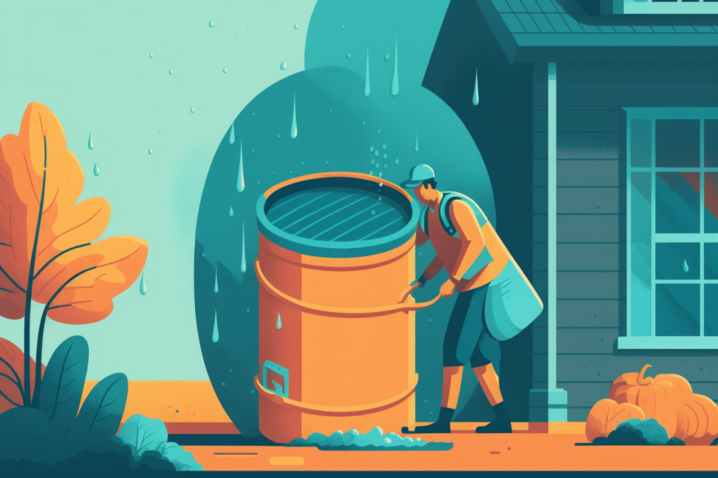 Infographic of a man collecting rainwater with a big bucket outside his house