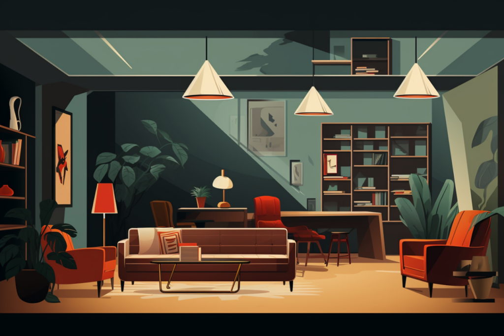 Graphic of a basement with couch and chairs