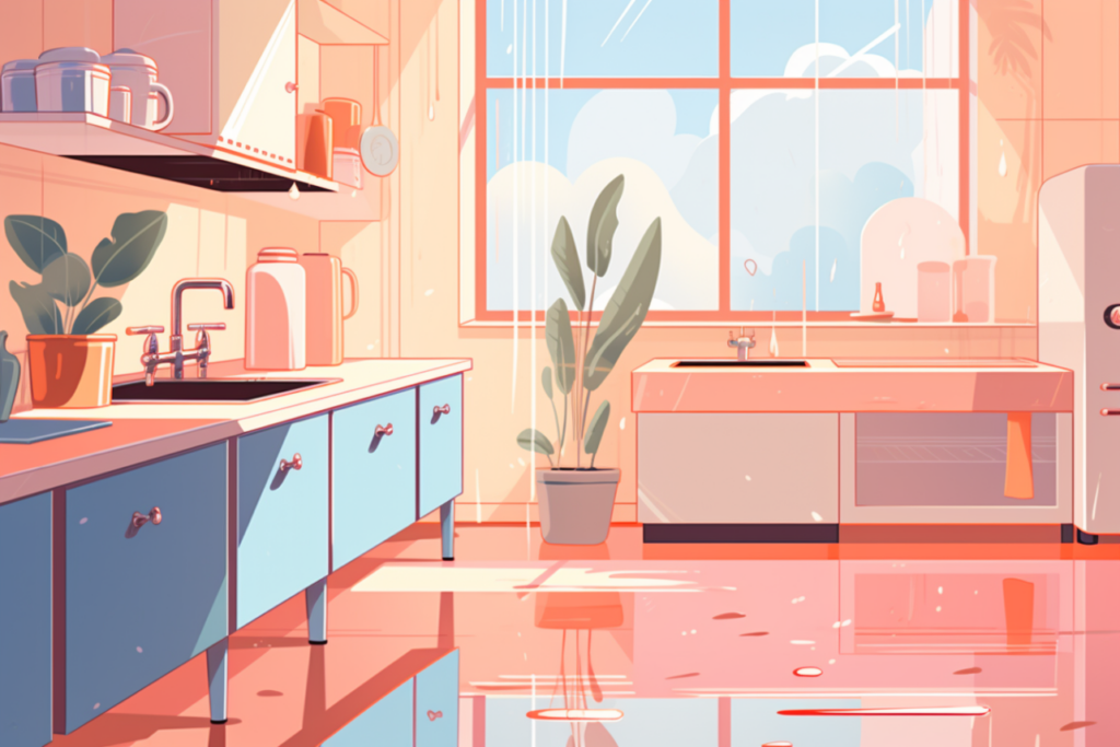 Graphic of a bright kitchen with water on the floor 