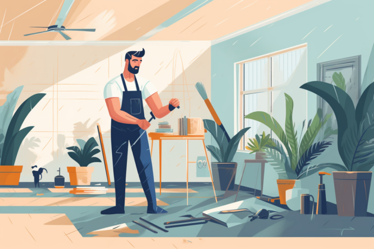 Graphic of a man installing flooring at home