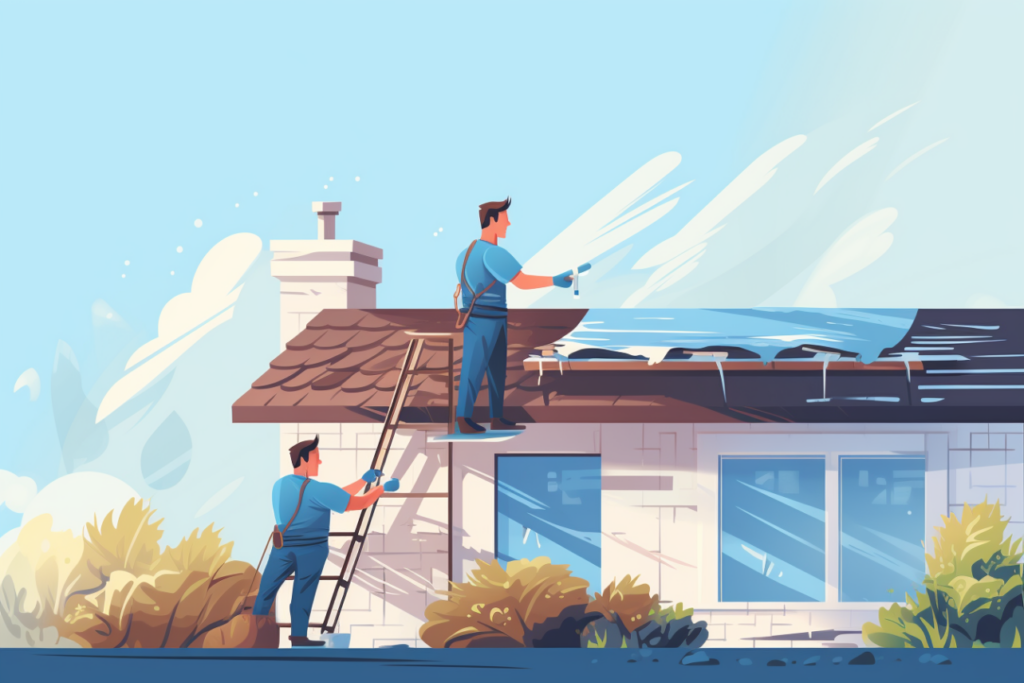 A man on a roof of a house cleaning gutters