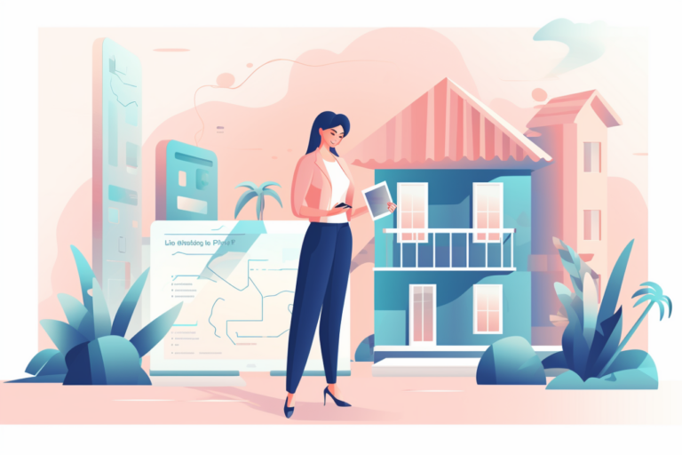 Graphic of a woman looking at a home with a budget sheet