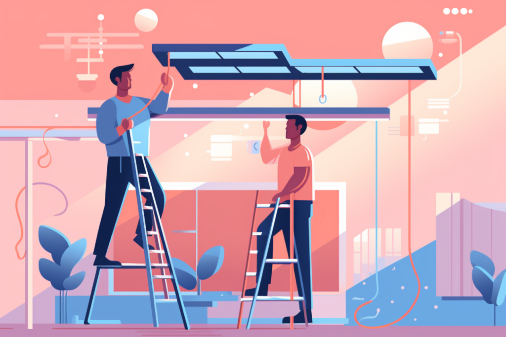 Graphic of two people on an ladder installing solar tubes
