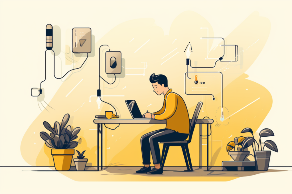 Graphic of a person sitting at their desk wiring an outlet
