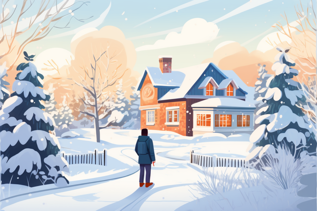Graphic of a house full of snow and a man looking at it