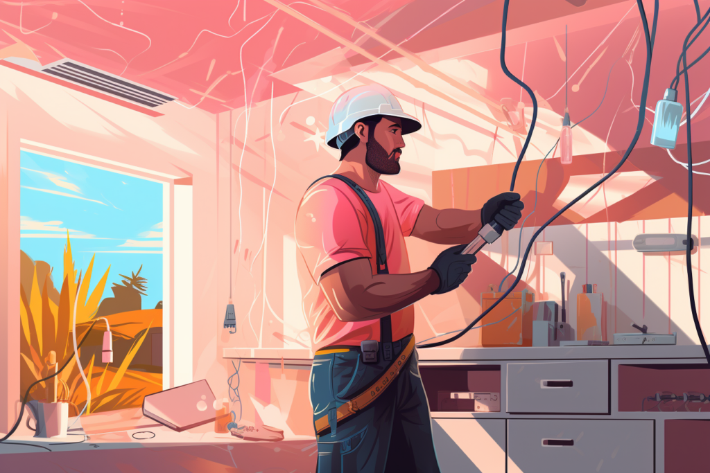 Graphic of a man doing electrical work with handing wires in his home 