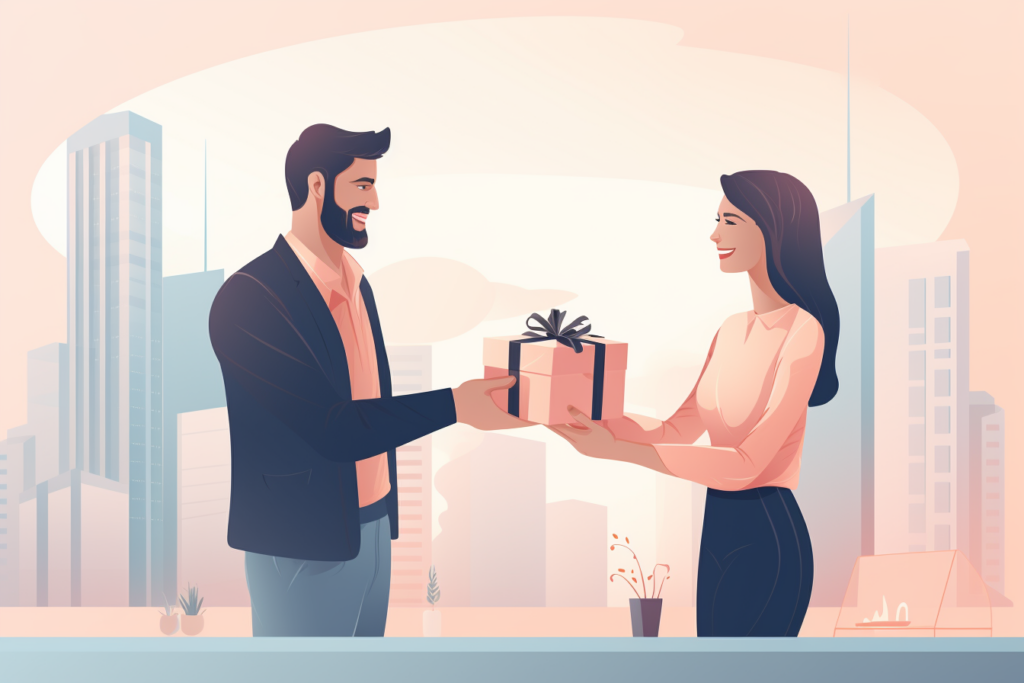 Graphic of a man giving a woman a wrapped present 