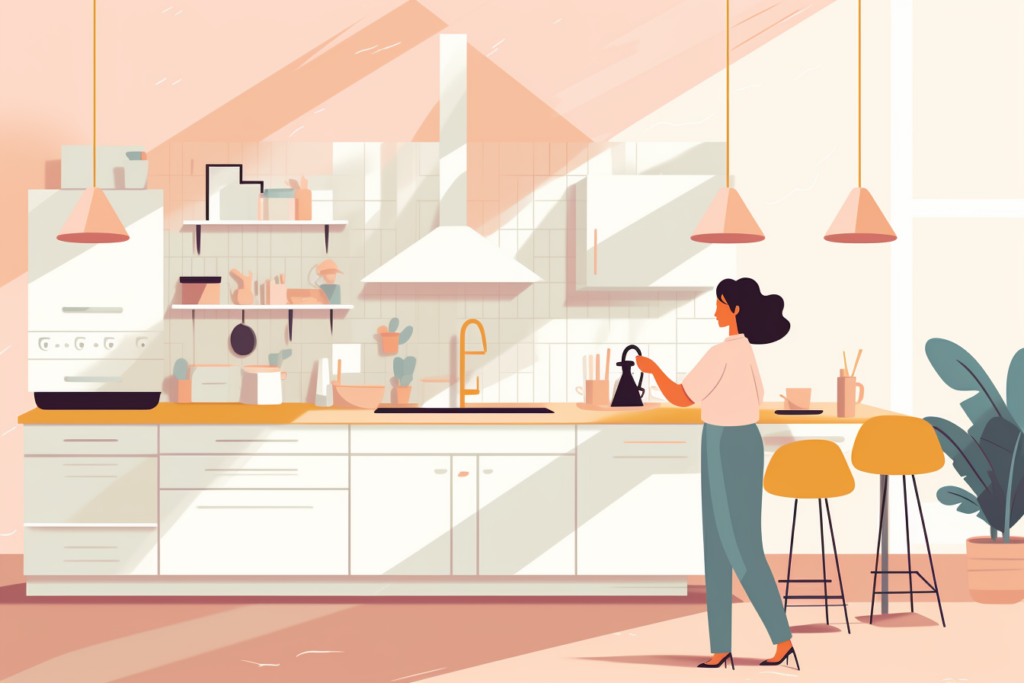Graphic of a women in a newly remodeled kitchen