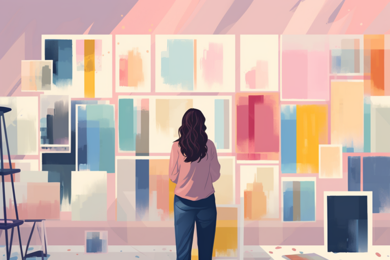 Graphic of someone looking at different paint swatches on a wall