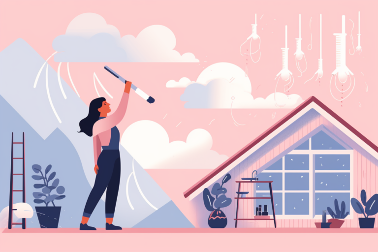 Graphic of a woman working on her house with clouds outside