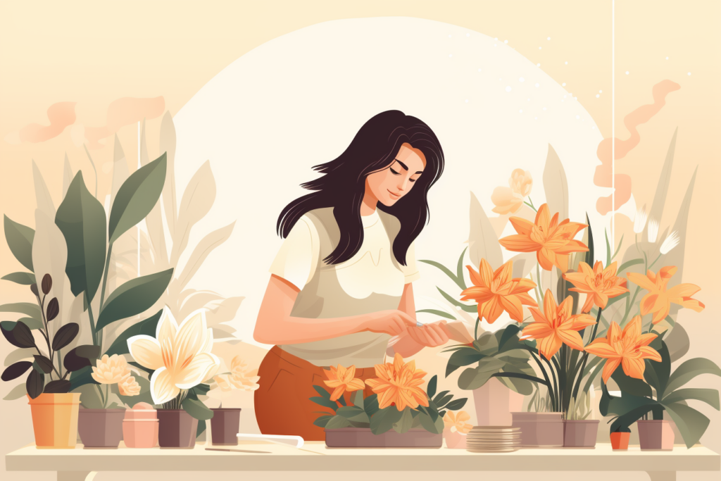 Woman trimming fresh flowers on a counter