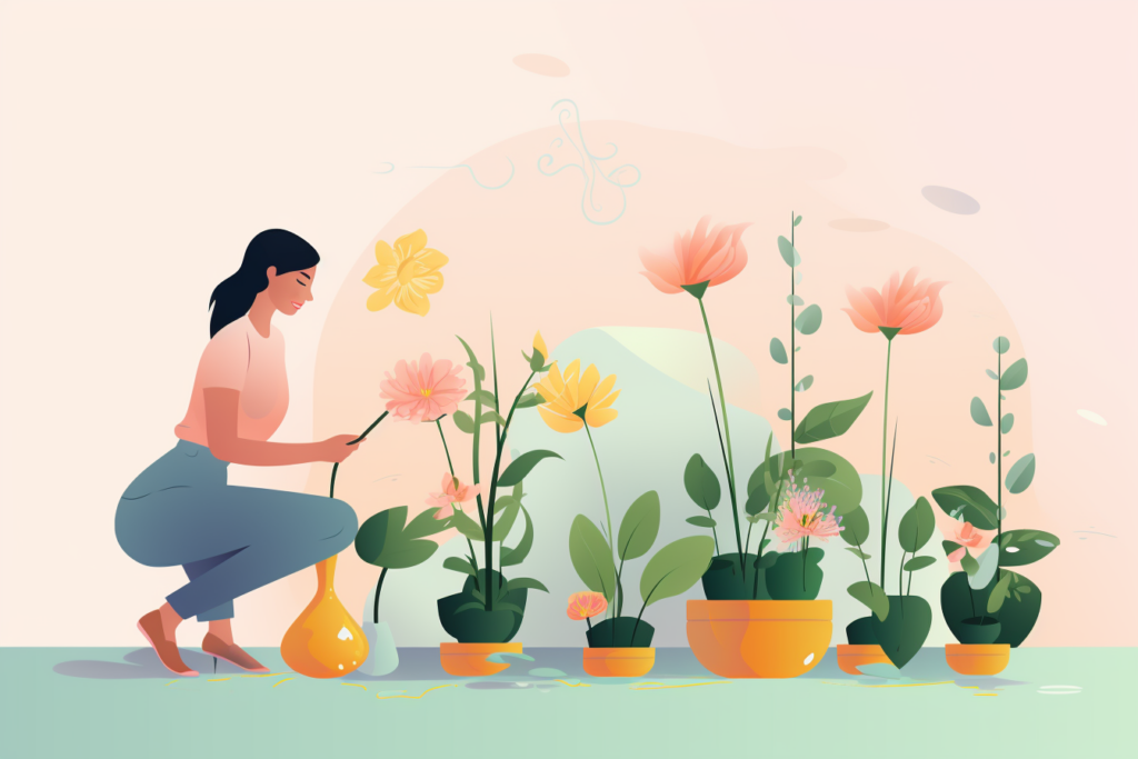 Graphic of a woman planting a variety of different flowers