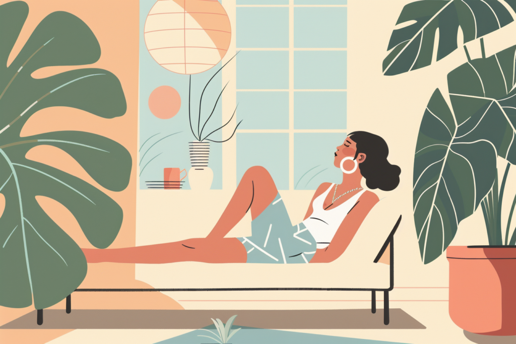 Graphic of a woman sitting on a couch getting natural sunlight