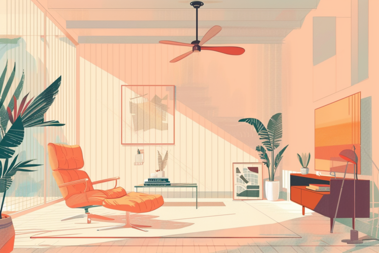 Graphic of a living room with a ceiling fan and natural sunshine coming in through the windows