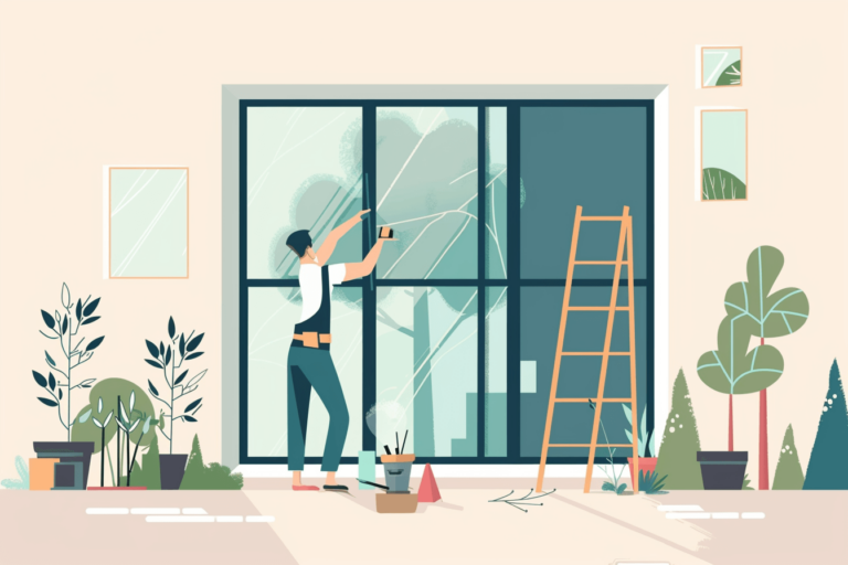 Graphic of a man installing a new window with a ladder nearby