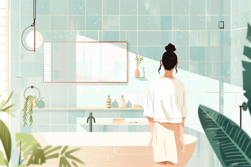 Graphic of a woman looking at a bright and fresh bathroom