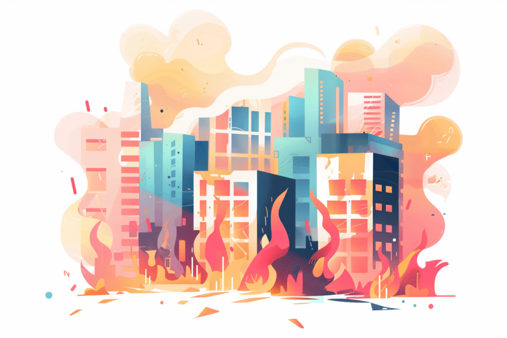 Graphic of a bunch of buildings on fire