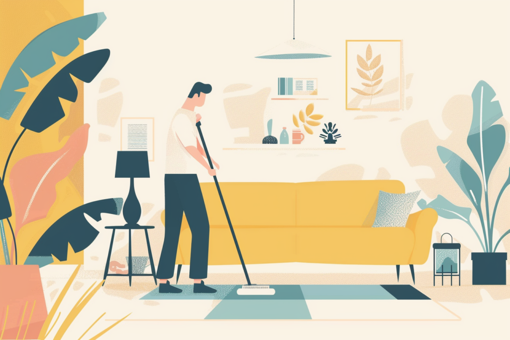 Man sweeping the floor in a bright living room 