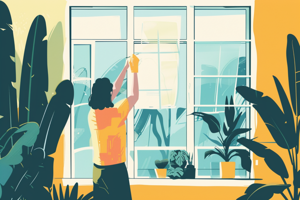 Woman installing new windows at her house with lots of plants on the window sill 