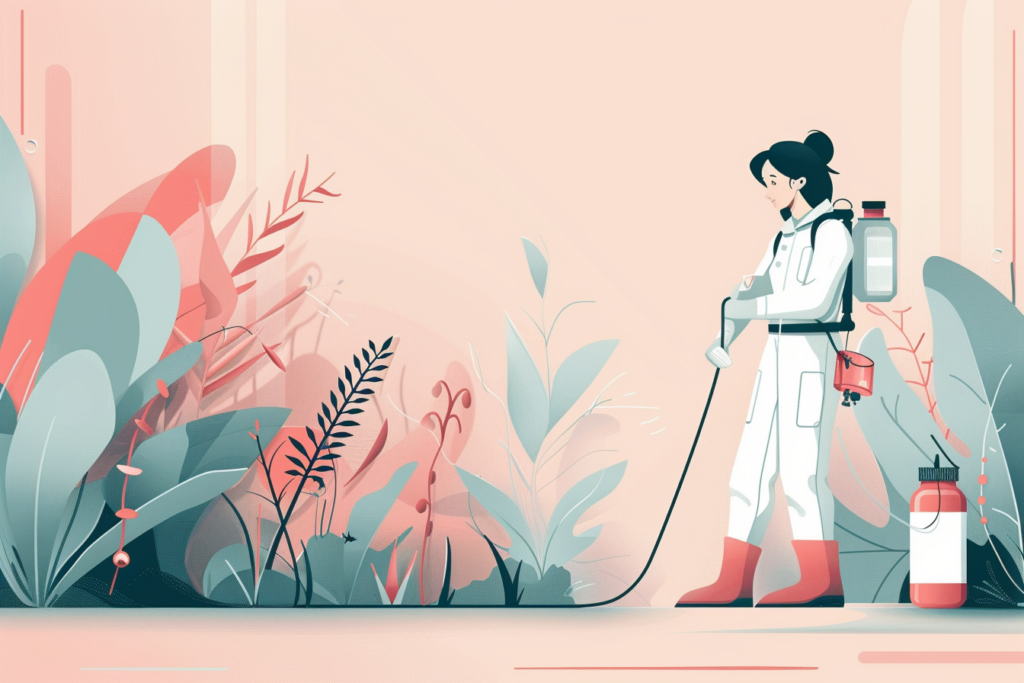 Woman in a white suit spraying plants with weed killer