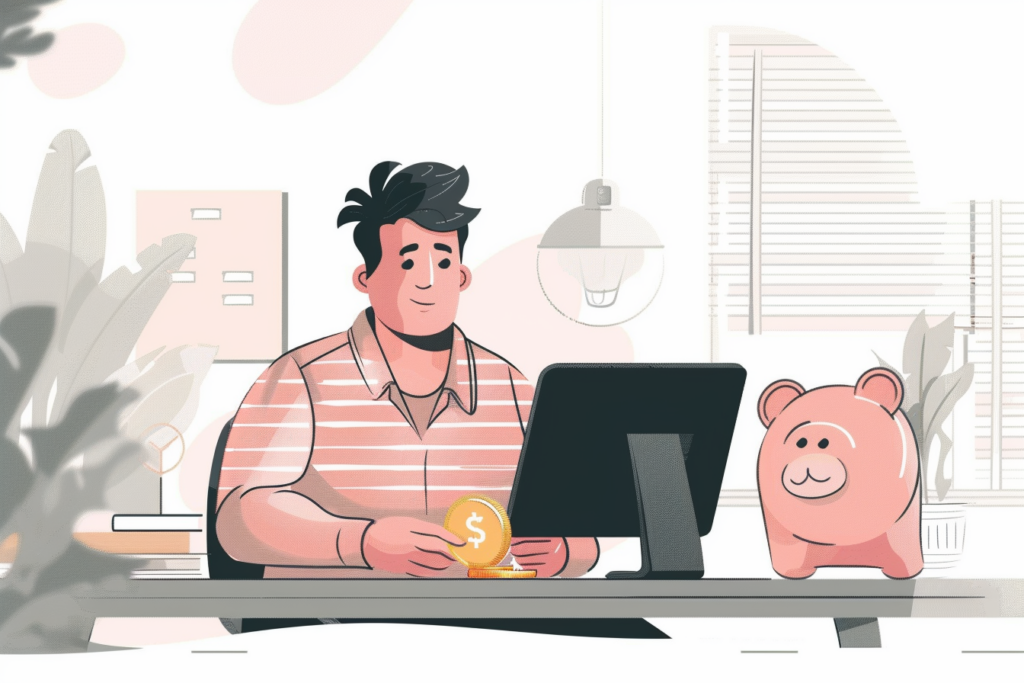 Man on his computer budgeting with a piggy bank in front of him