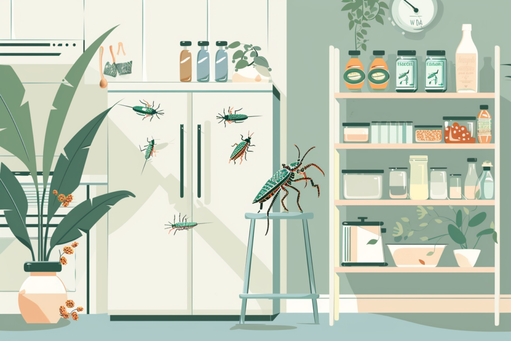 Graphic of bugs crawling around a kitchen 