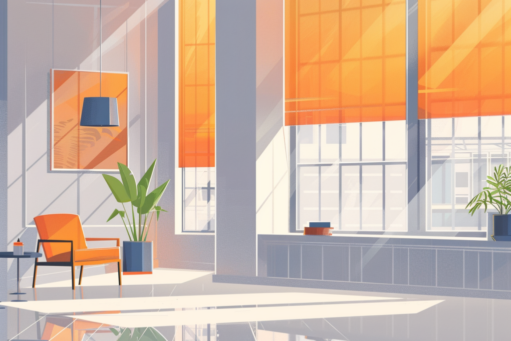 Large orange blinds on a big window with lots of natural light