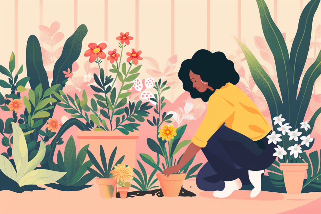 Graphic of a woman crouched down and tending to her plants