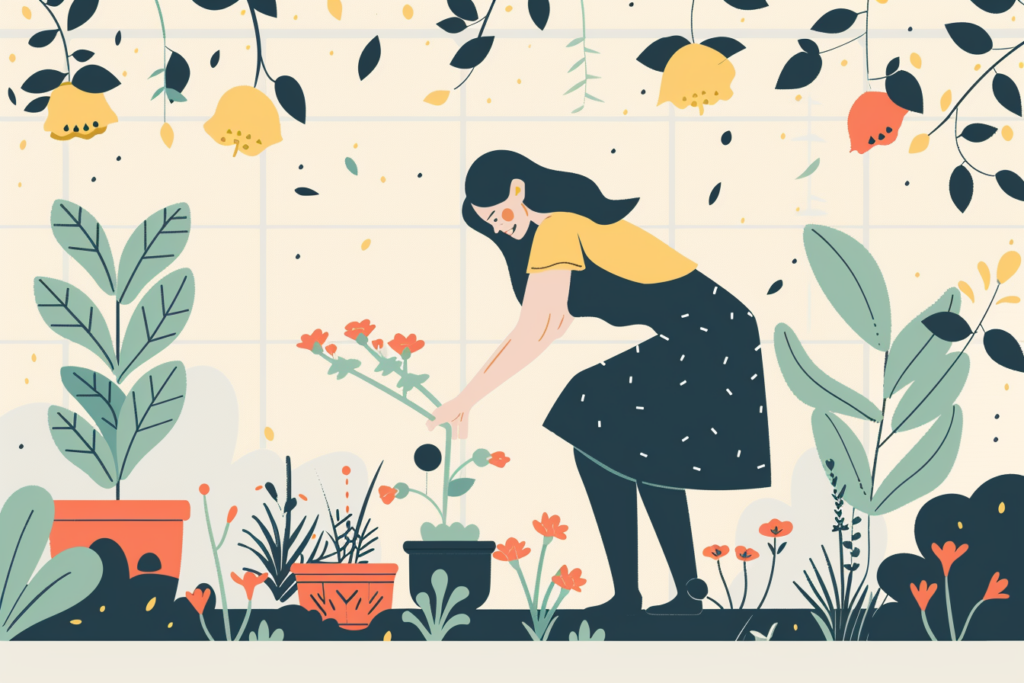 Woman in a dress tending to her garden 
