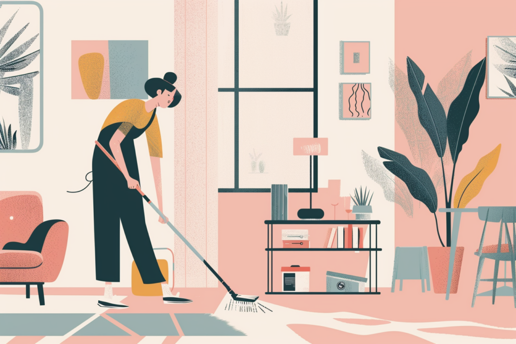 Woman sweeping in her living room 