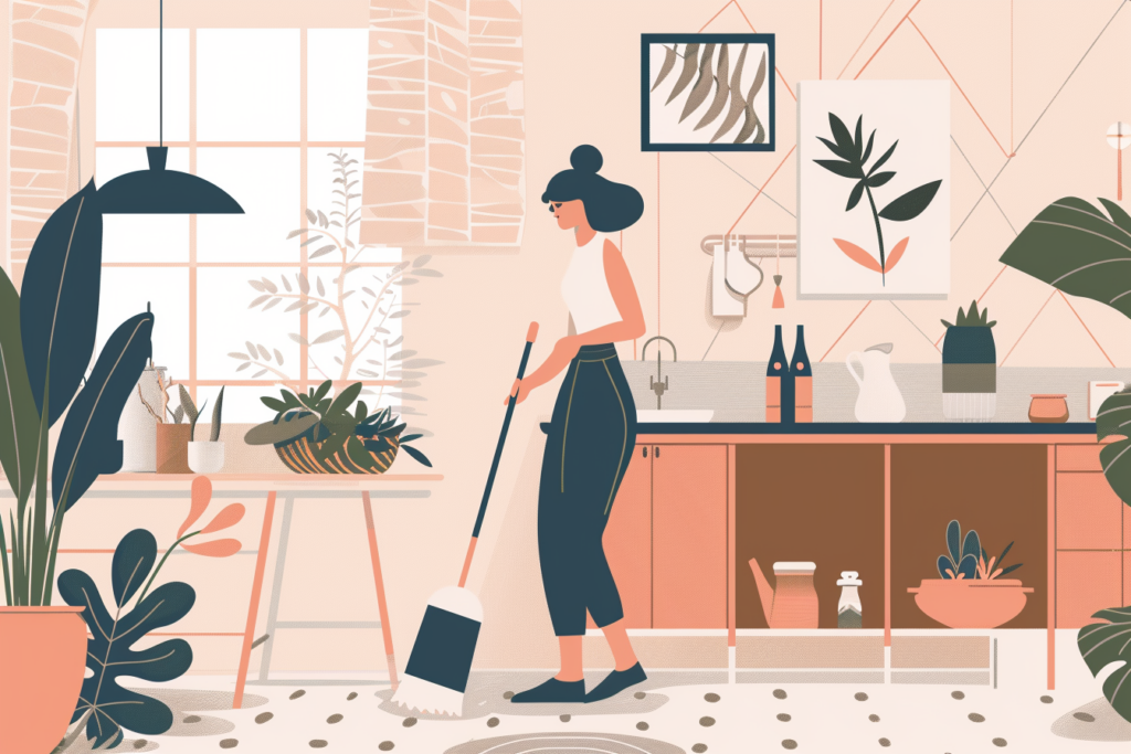 Graphic of a woman cleaning her house in the summer