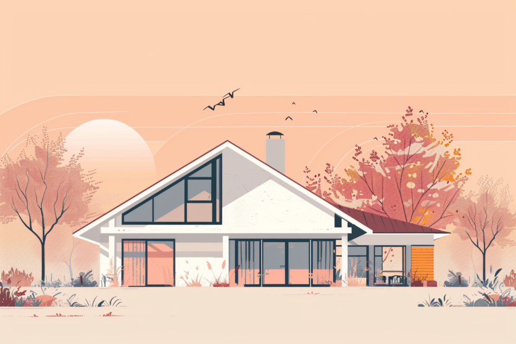 House with a slanted roof and birds flying above