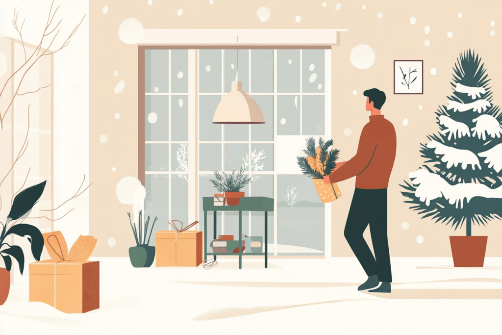 Man holding a plant inside his house when it is snowing outside