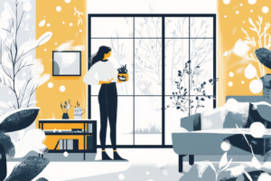 Woman standing by a sliding glass door while it is snowing outside