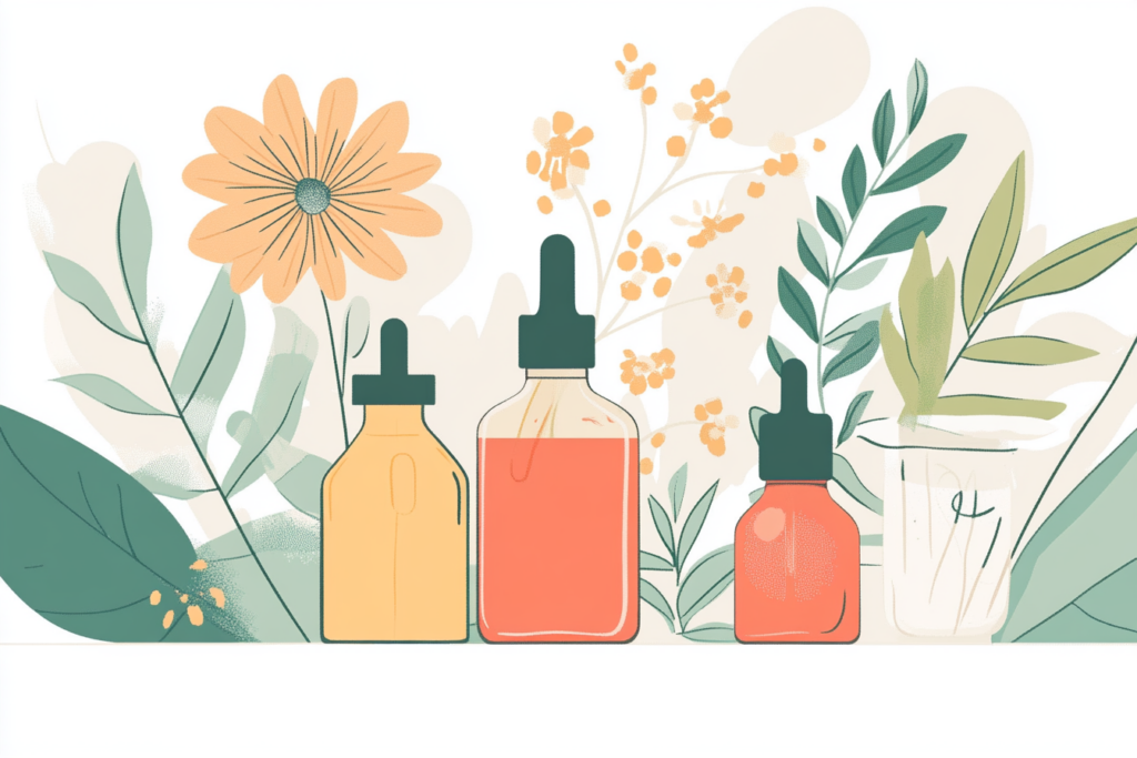 Different essential oil bottles with plants in the background 