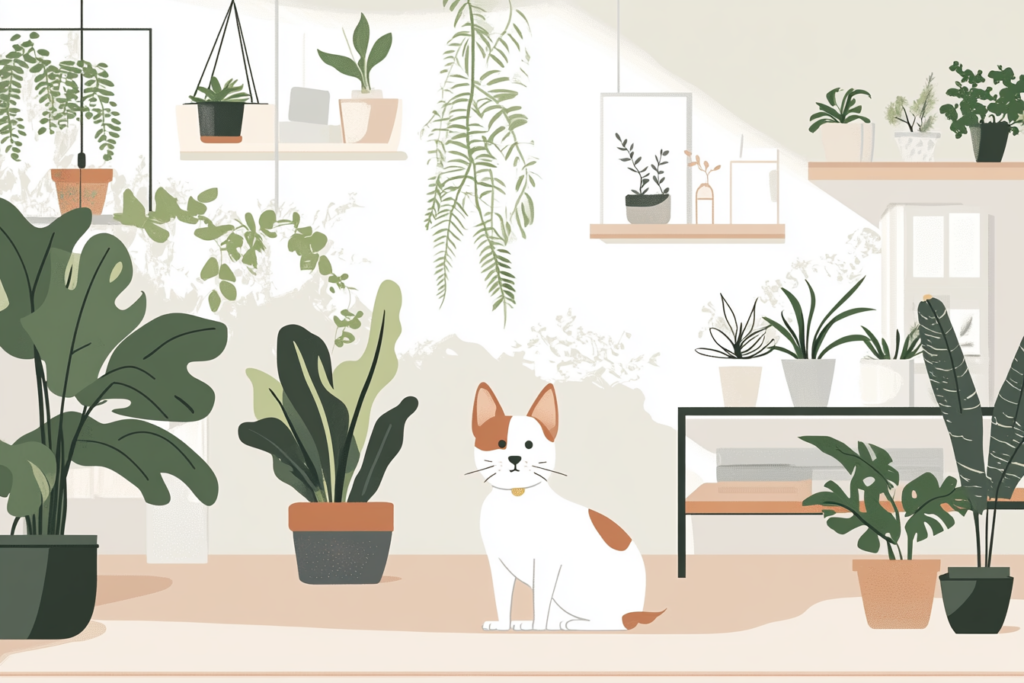 Cat sitting in a room full of plants