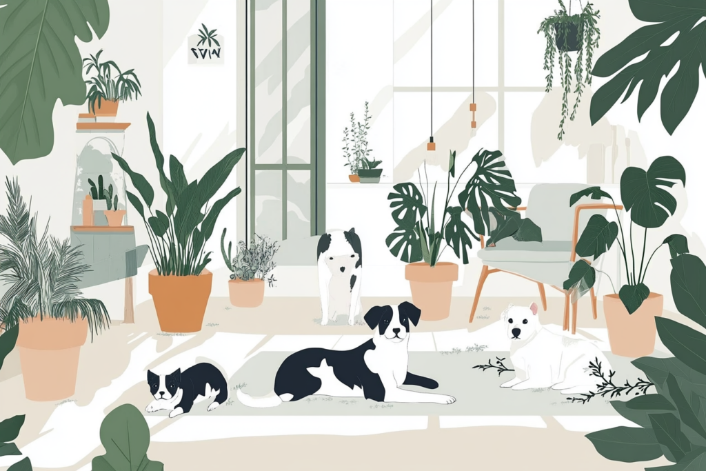 Lots of dogs laying on the floor around indoor plants